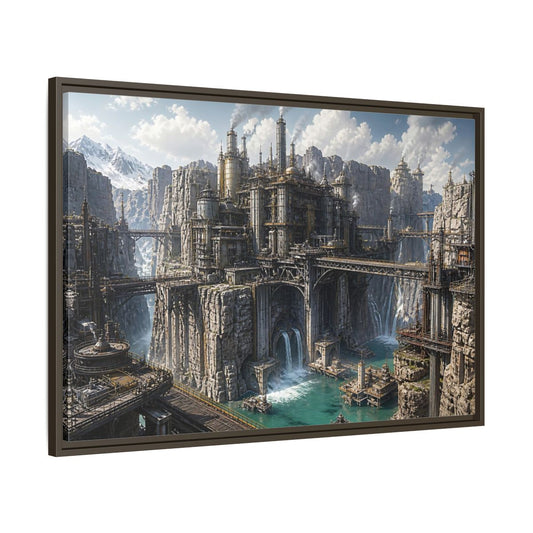 Main Mockup. Cliffside Industrial Citadel shown as framed canvas print