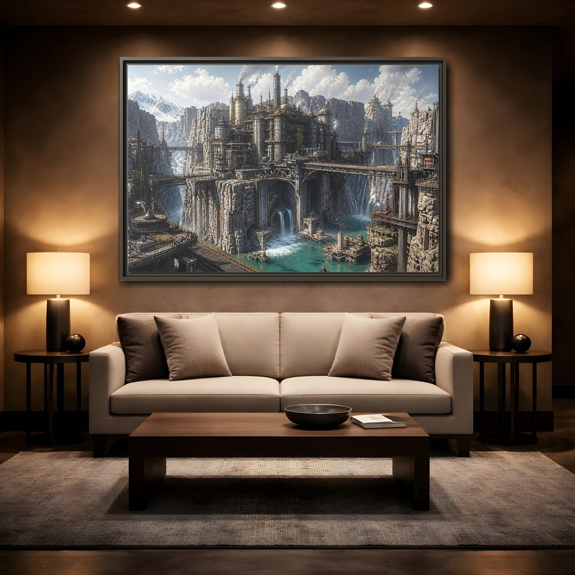 Mockup 2. Cliffside Industrial Citadel shown as framed canvas print
