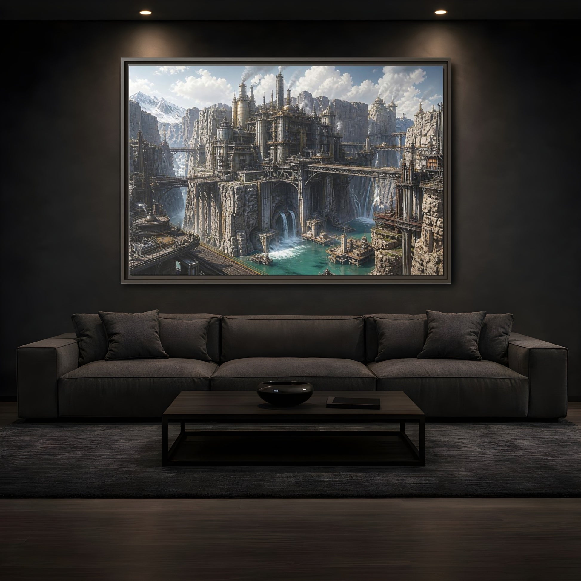 Mockup 3. Cliffside Industrial Citadel shown as framed canvas print