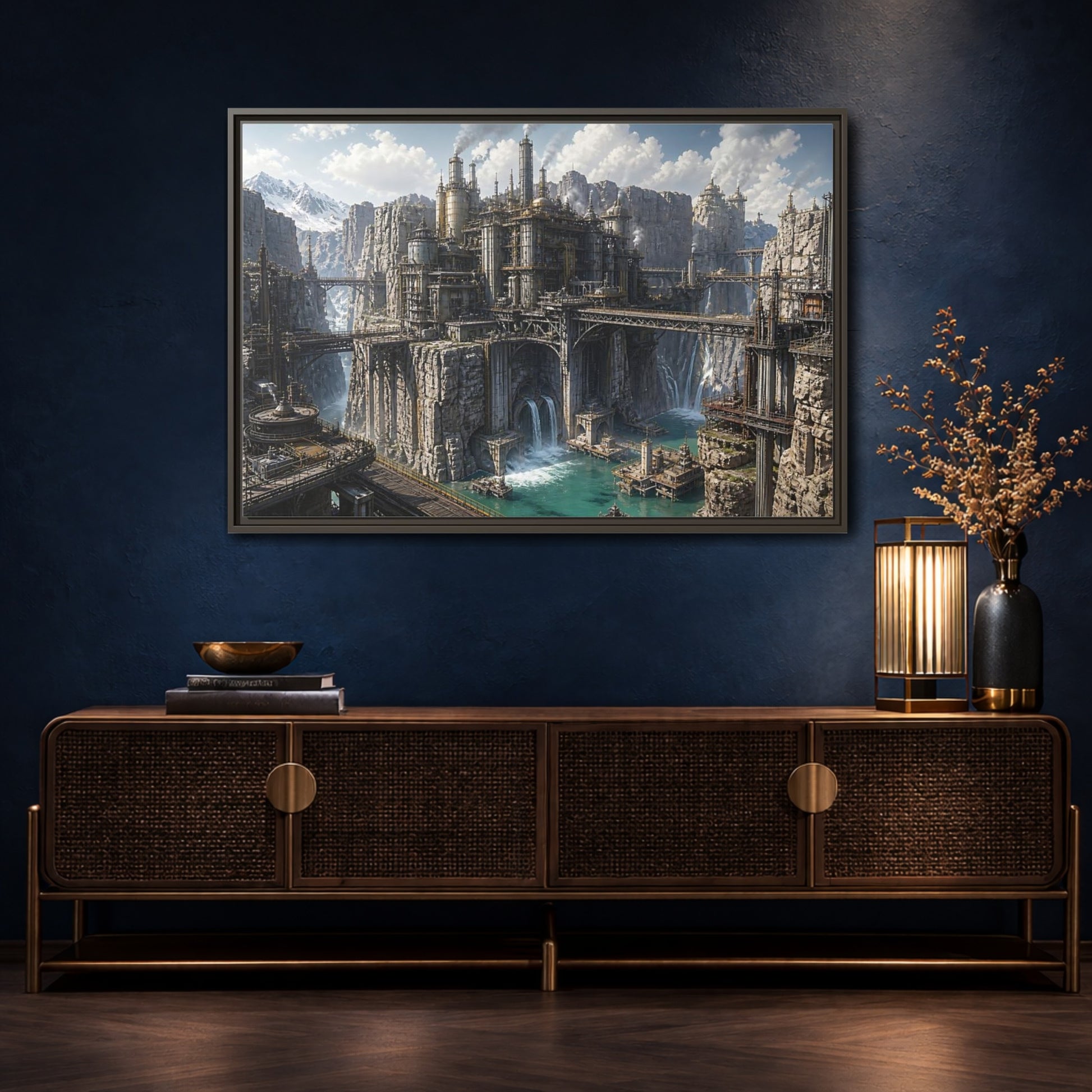 Mockup 4. Cliffside Industrial Citadel shown as framed canvas print