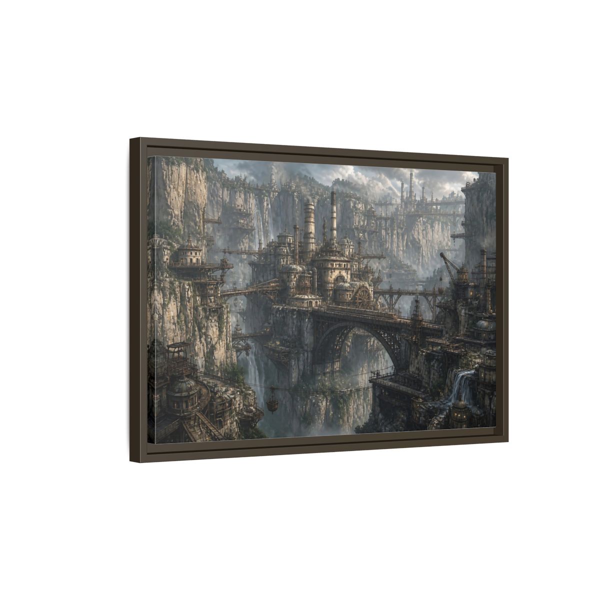 Side Mockup 2. Cliffside Industrial City shown as framed canvas print
