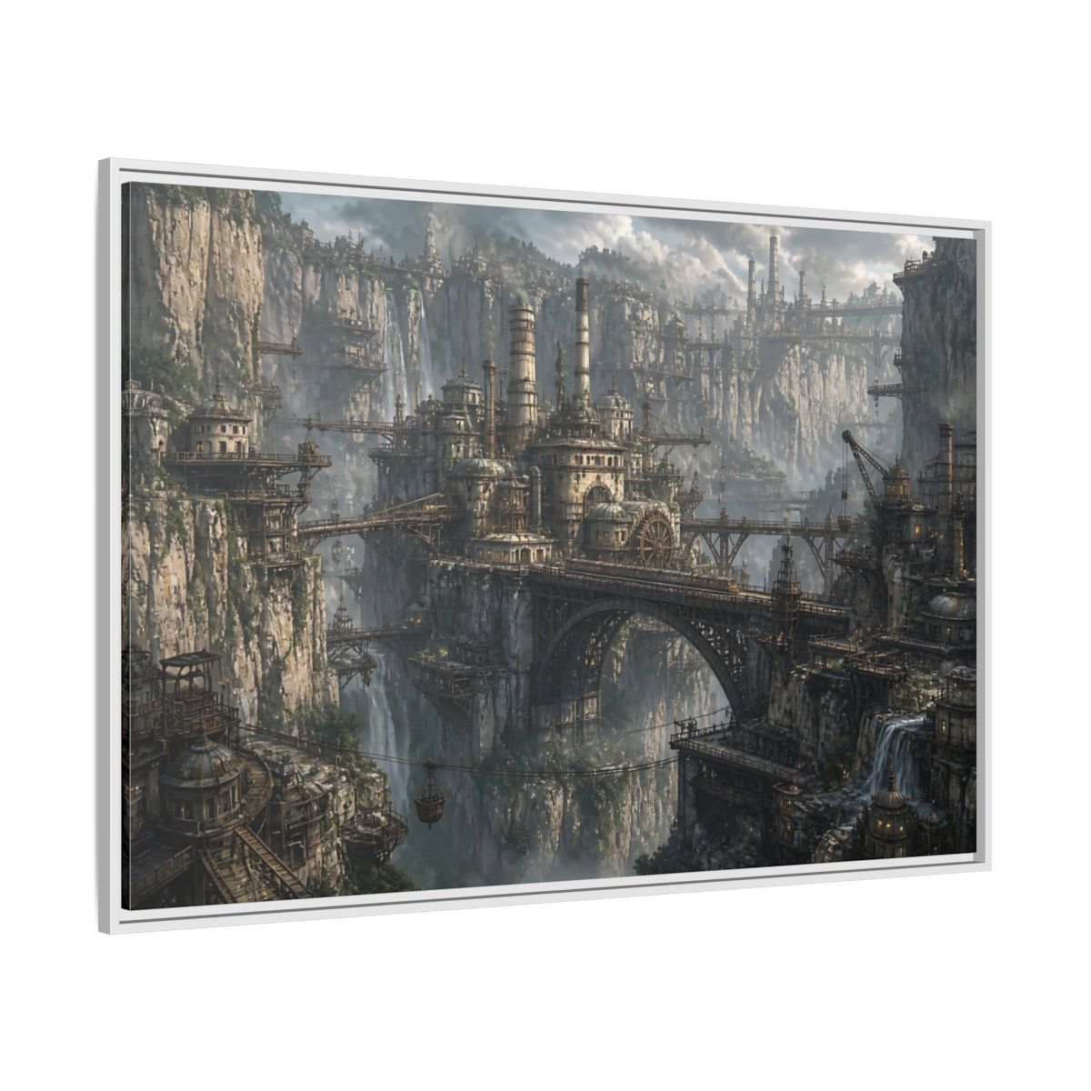 Side Mockup 7. Cliffside Industrial City shown as framed canvas print