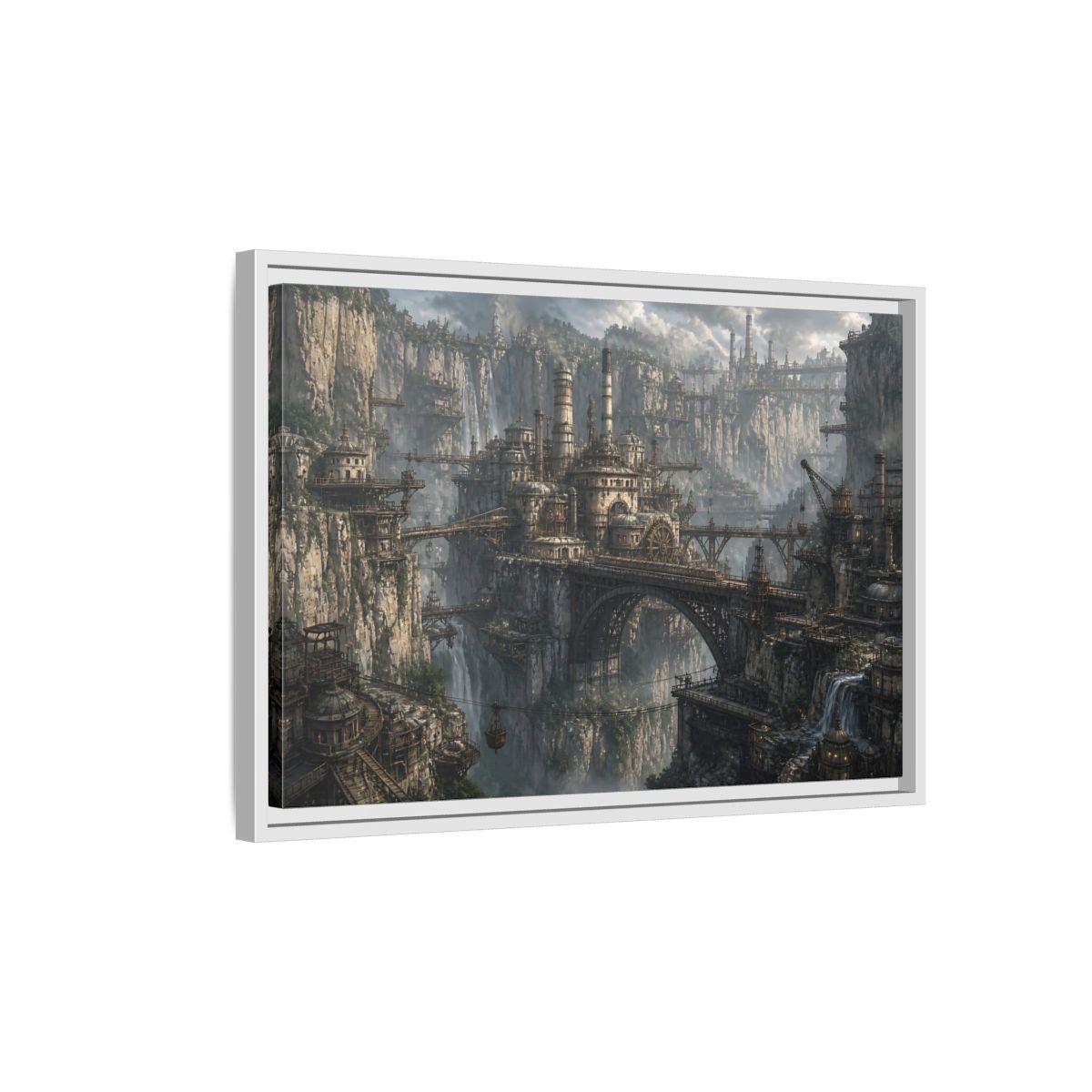 Side Mockup 1. Cliffside Industrial City shown as framed canvas print