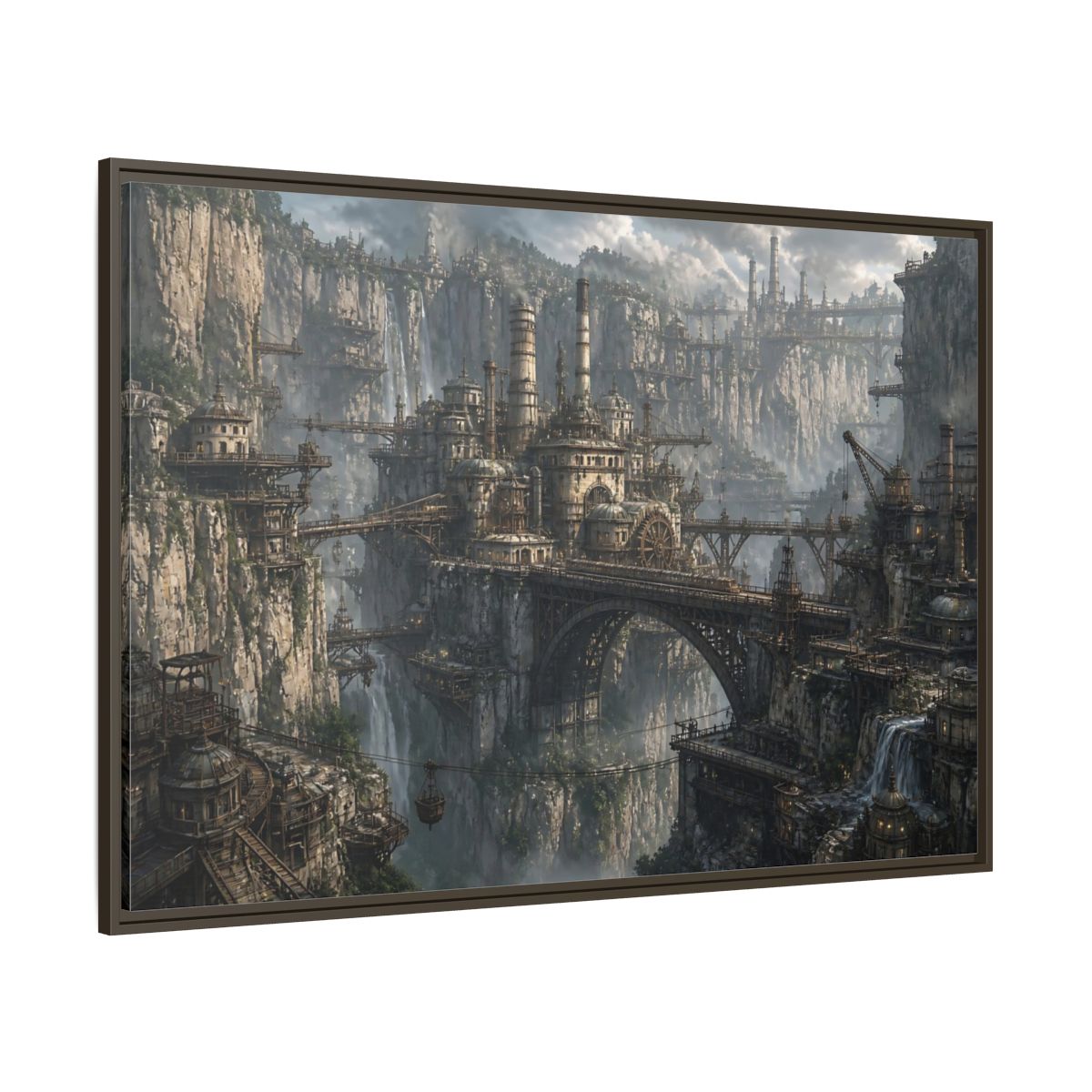 Side Mockup 8. Cliffside Industrial City shown as framed canvas print