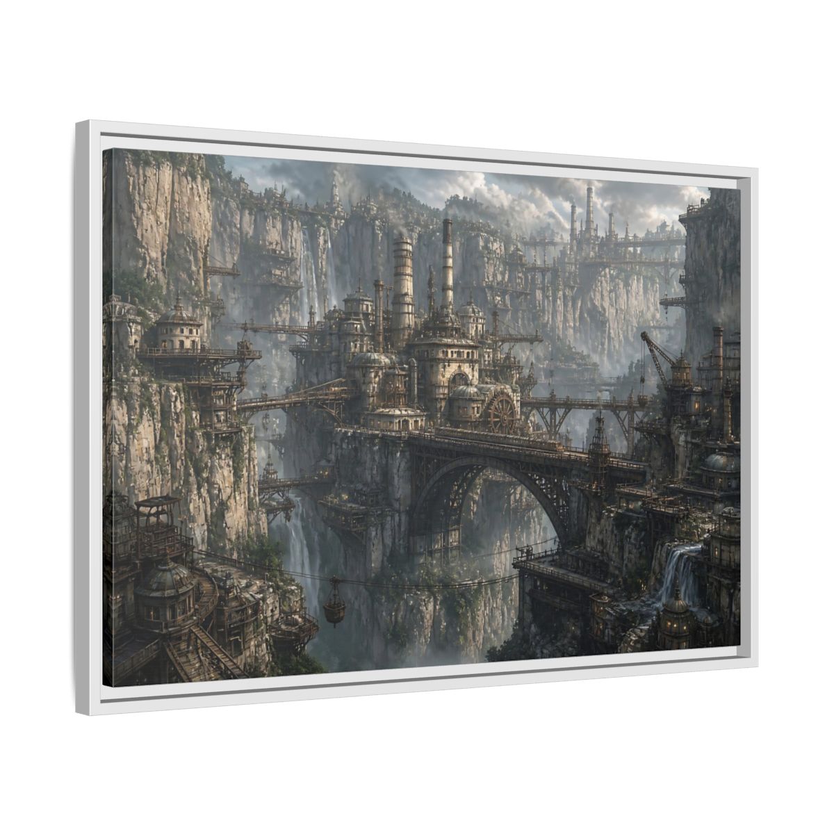 Side Mockup 10. Cliffside Industrial City shown as framed canvas print