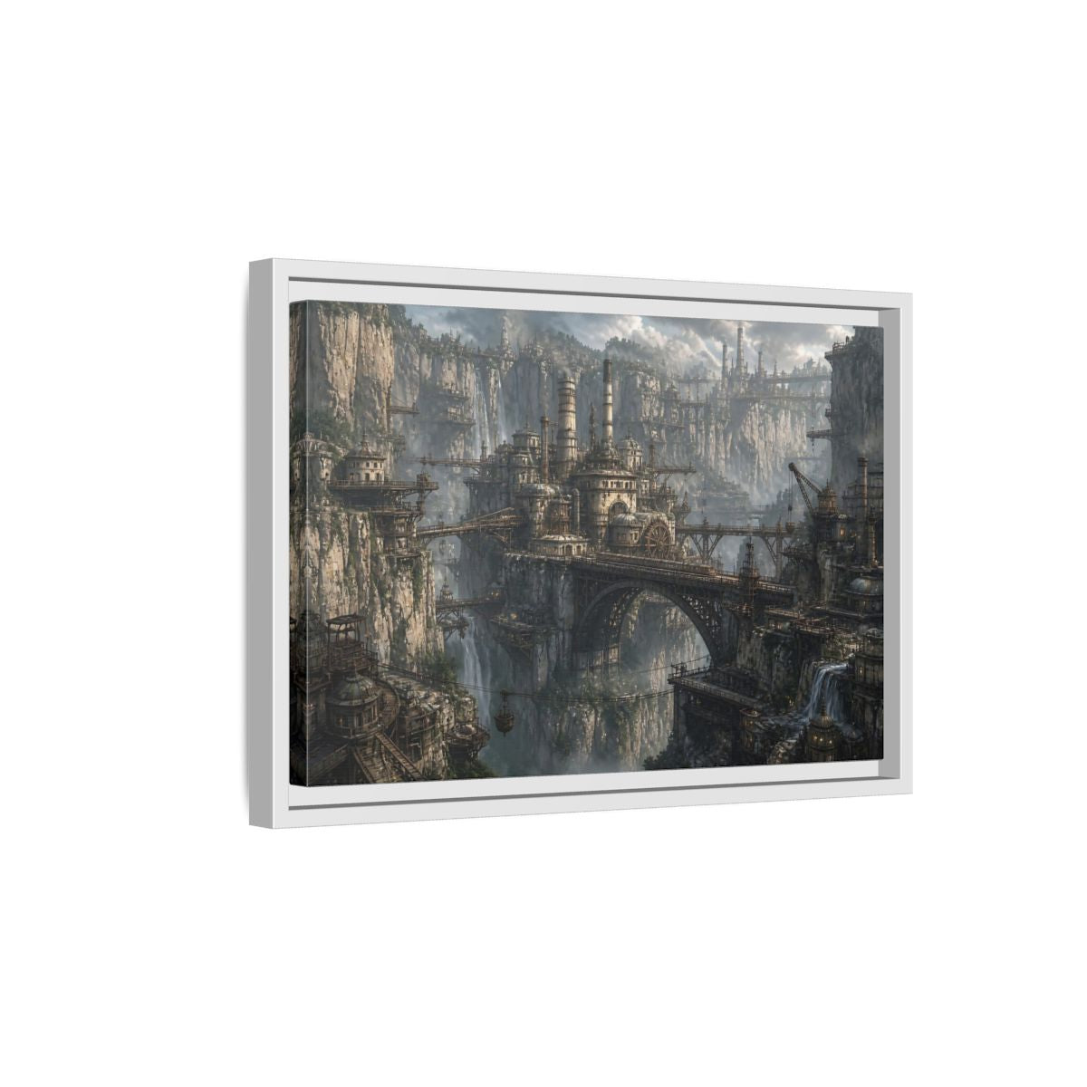 Side Mockup 4. Cliffside Industrial City shown as framed canvas print