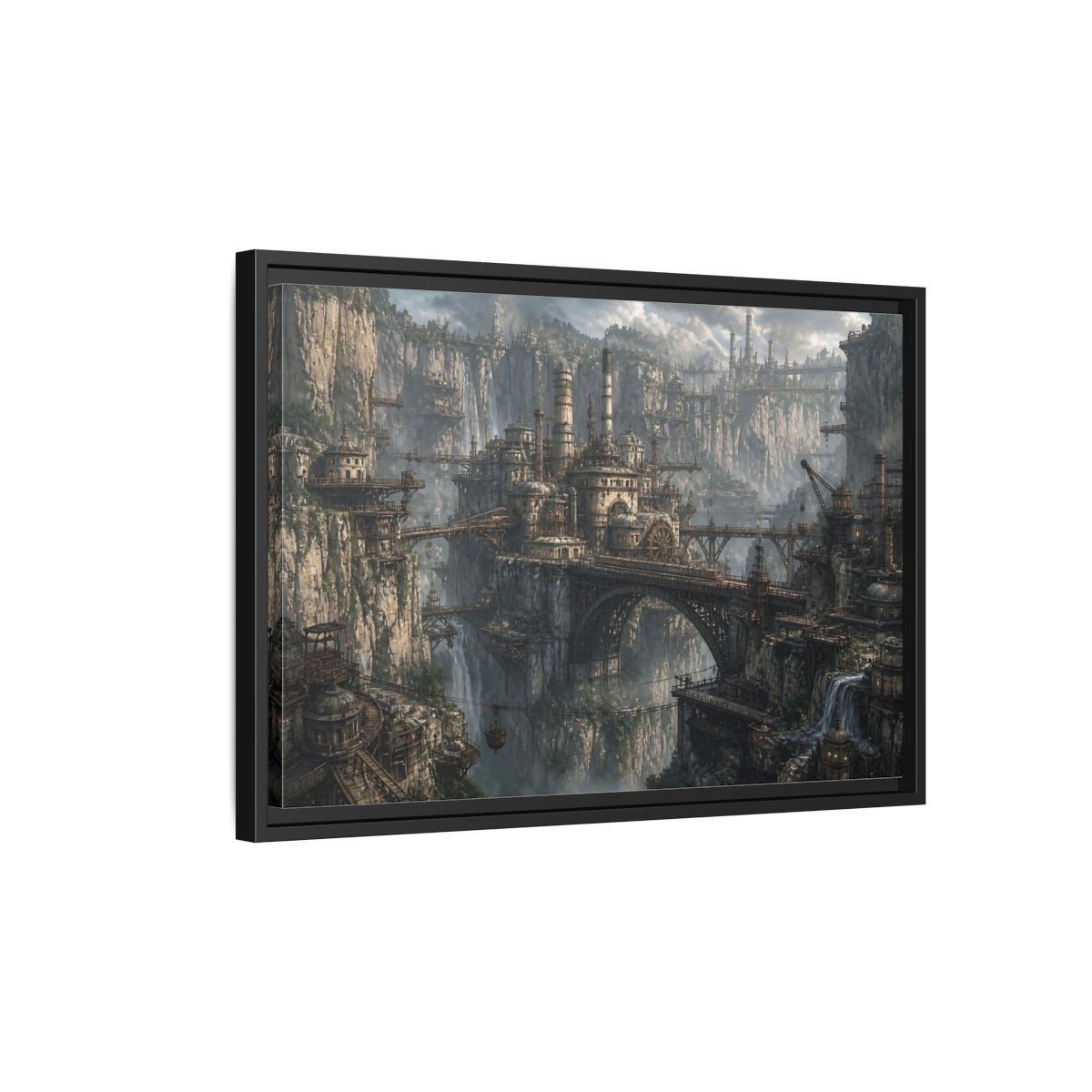 Side Mockup 3. Cliffside Industrial City shown as framed canvas print