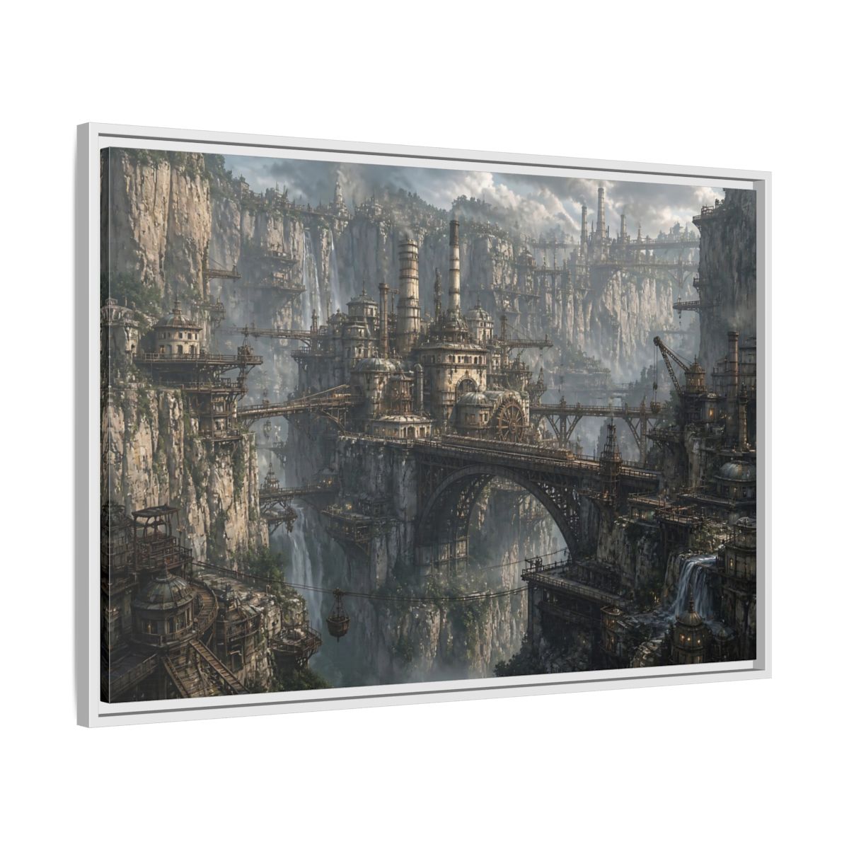 Side Mockup 9. Cliffside Industrial City shown as framed canvas print