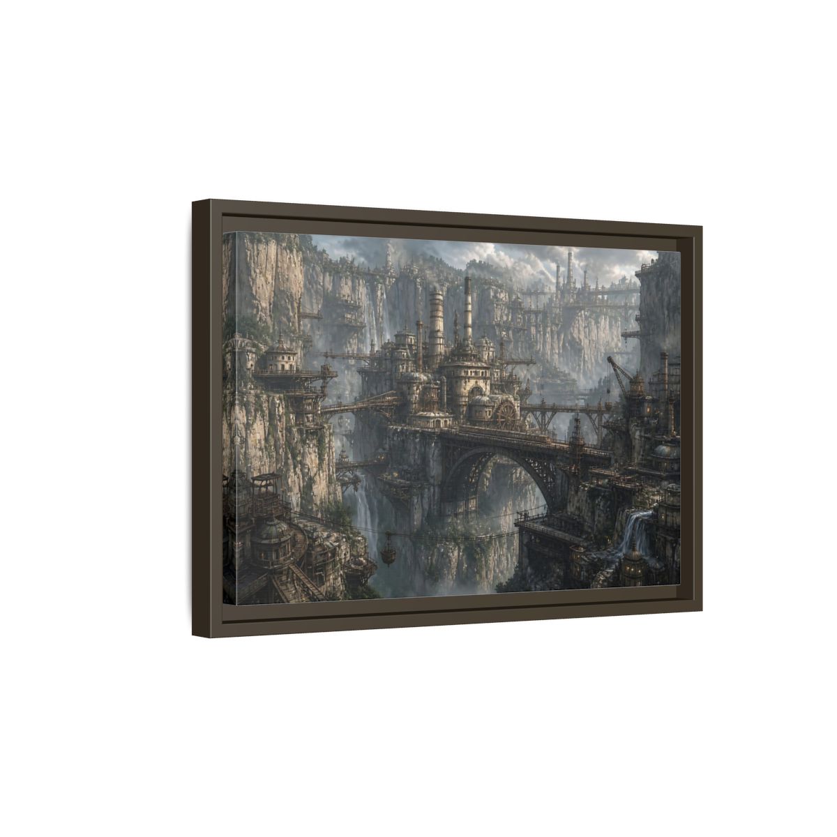 Side Mockup 5. Cliffside Industrial City shown as framed canvas print