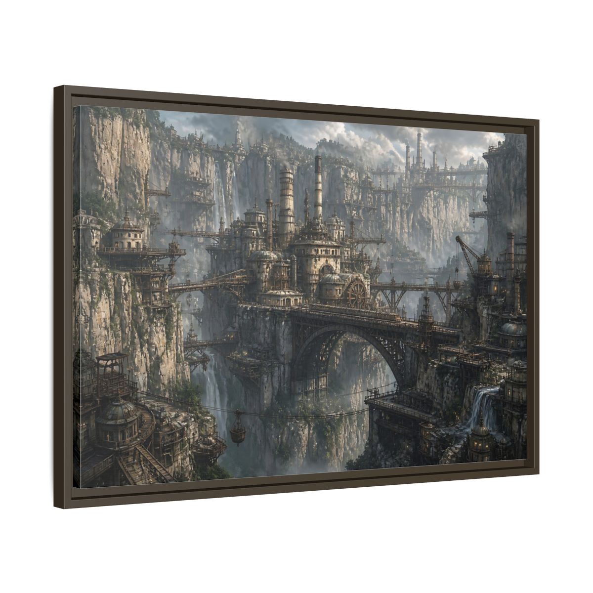 Side Mockup 11. Cliffside Industrial City shown as framed canvas print