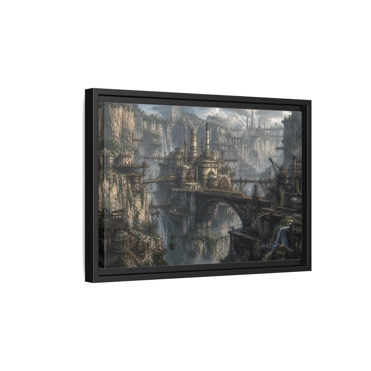 Side Mockup 6. Cliffside Industrial City shown as framed canvas print