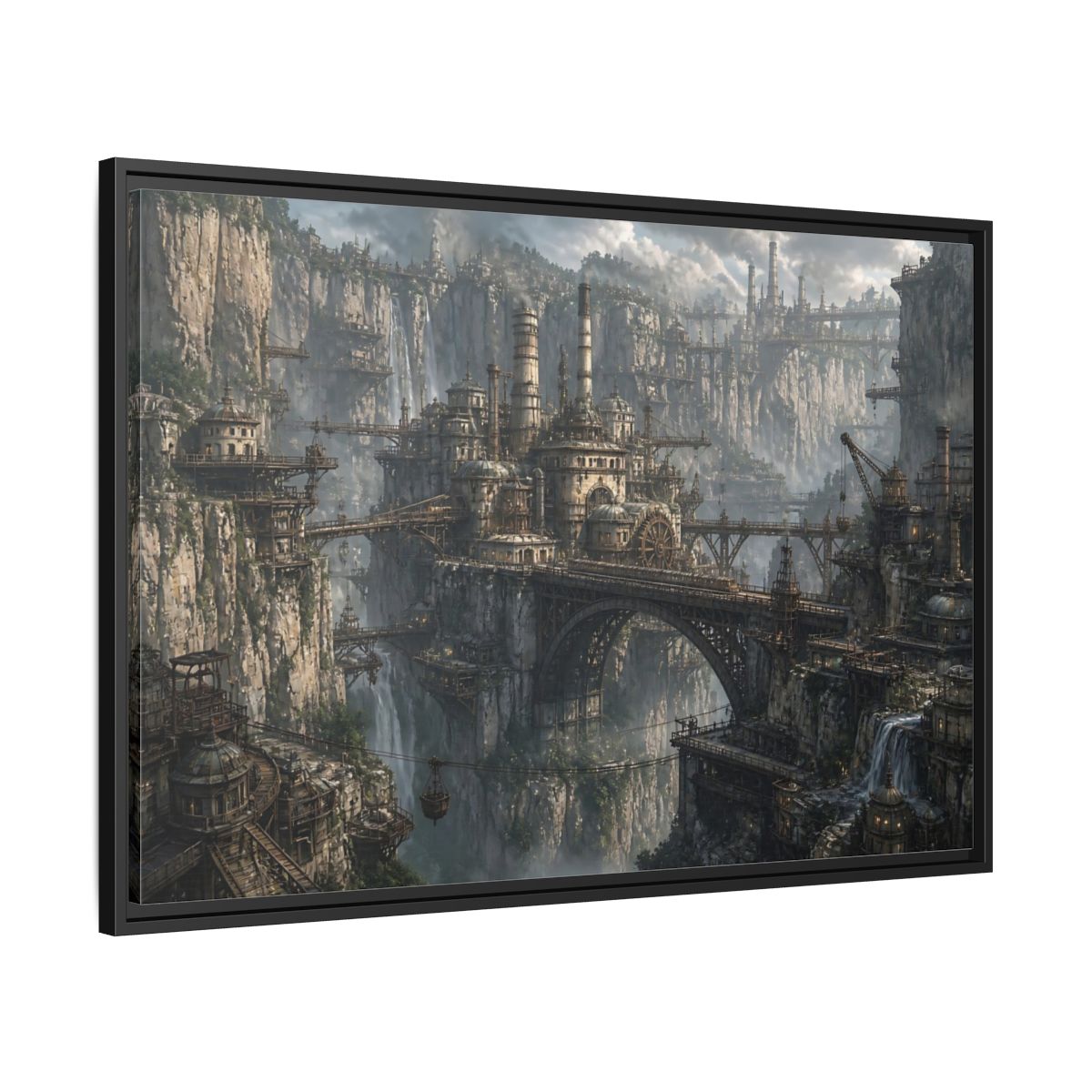 Side Mockup 13. Cliffside Industrial City shown as framed canvas print