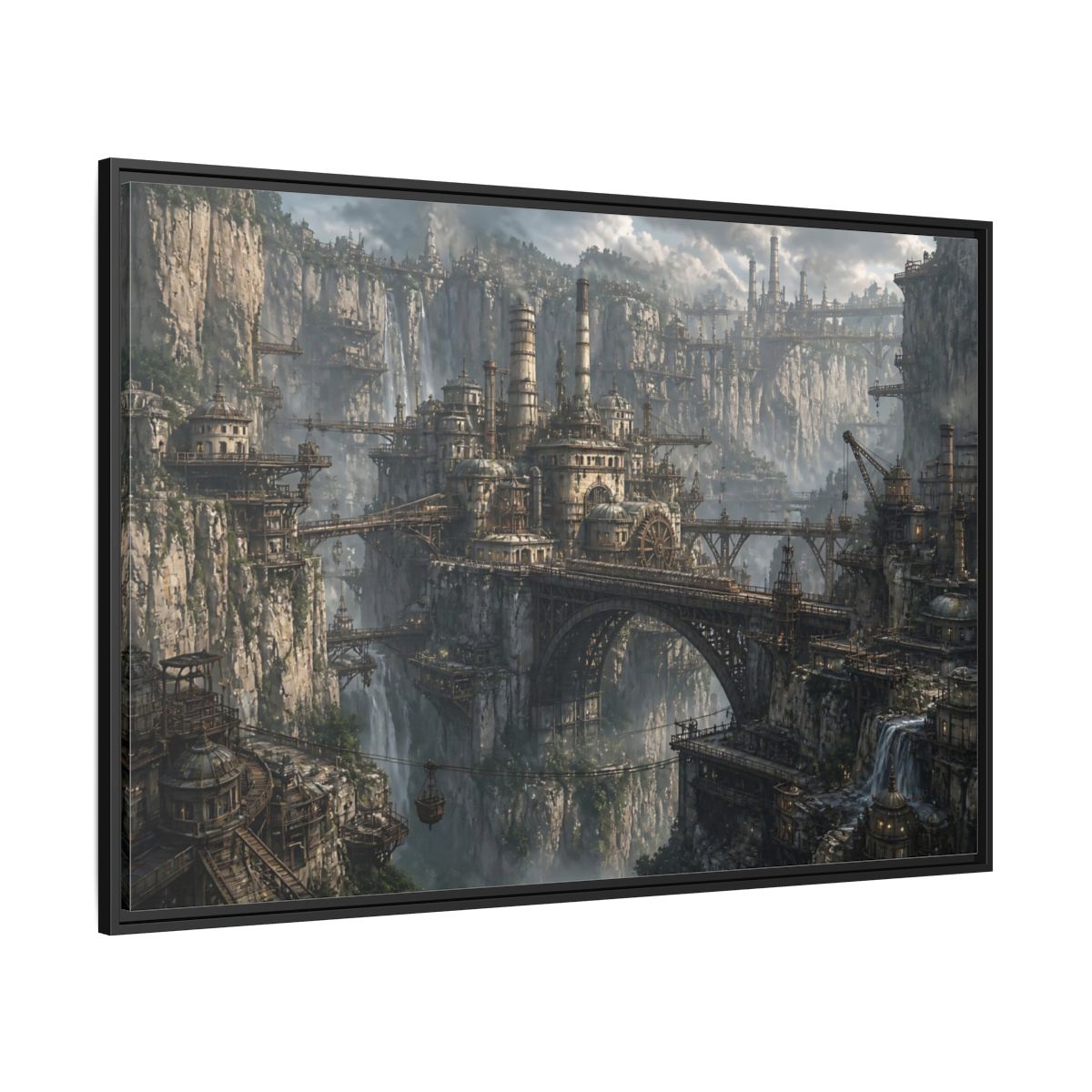Side Mockup 12. Cliffside Industrial City shown as framed canvas print