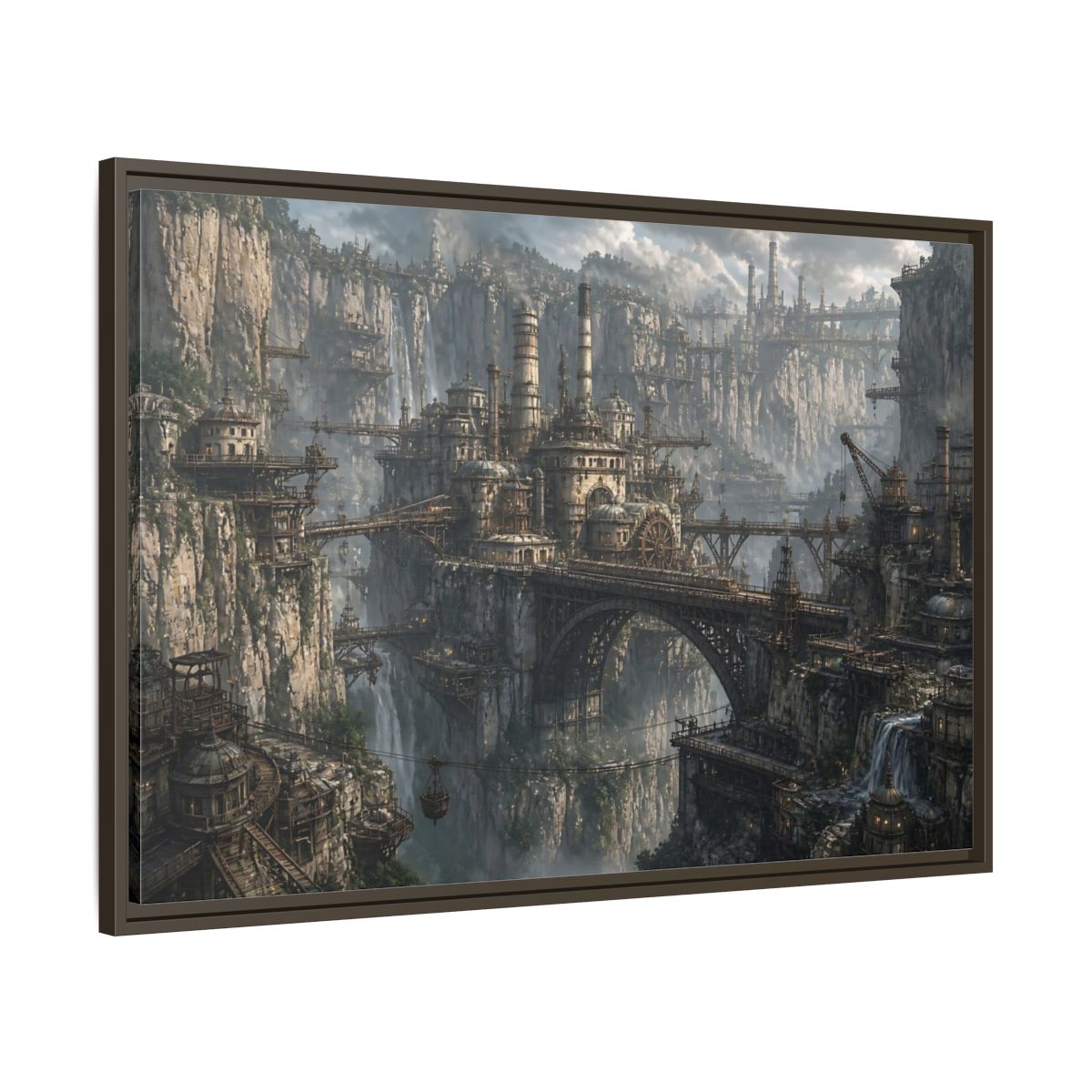 Main Mockup. Cliffside Industrial City shown as framed canvas print