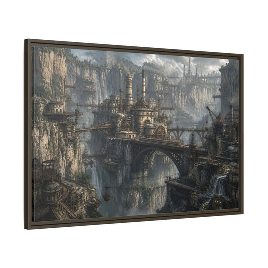 Main Mockup. Cliffside Industrial City shown as framed canvas print