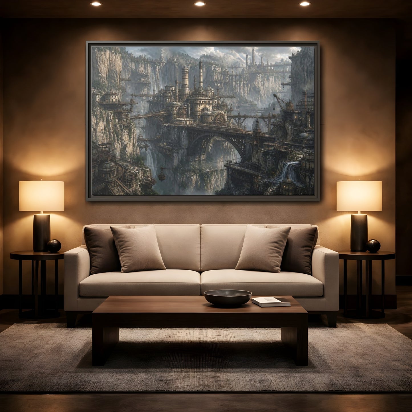 Mockup 2. Cliffside Industrial City shown as framed canvas print