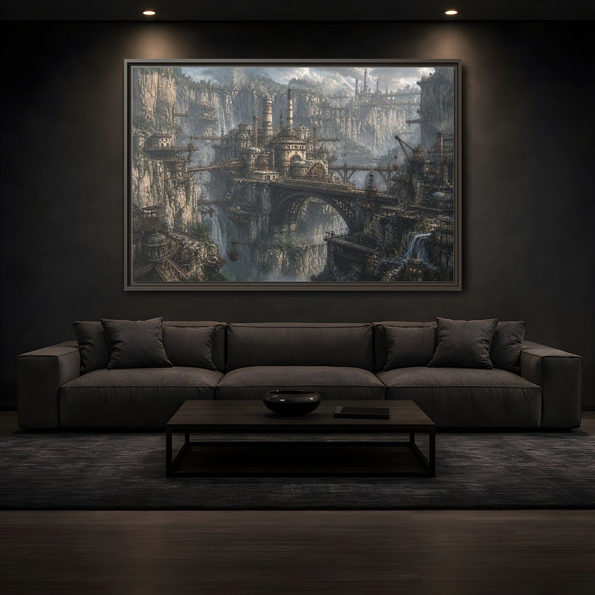 Mockup 3. Cliffside Industrial City shown as framed canvas print