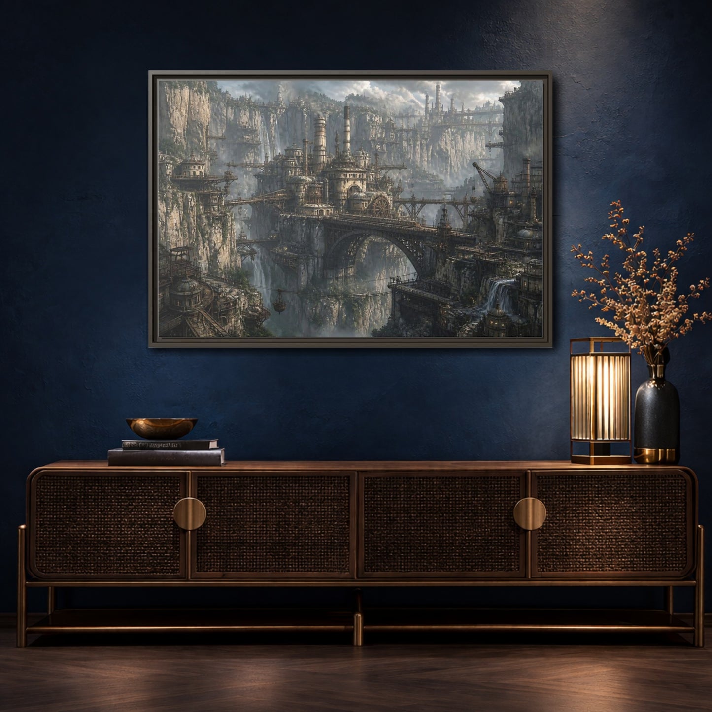 Mockup 4. Cliffside Industrial City shown as framed canvas print