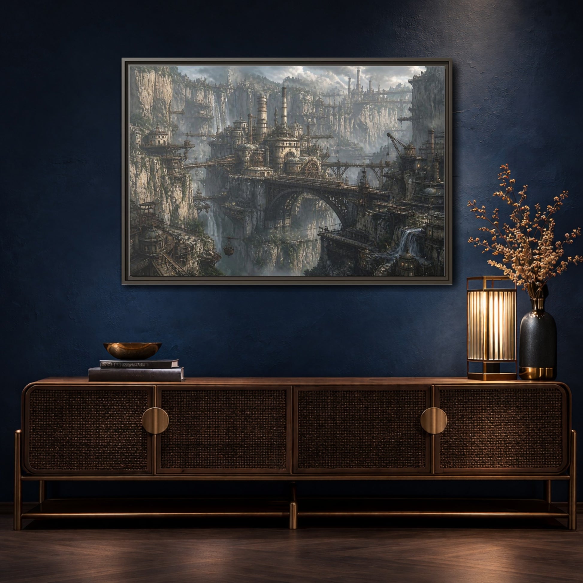 Mockup 4. Cliffside Industrial City shown as framed canvas print