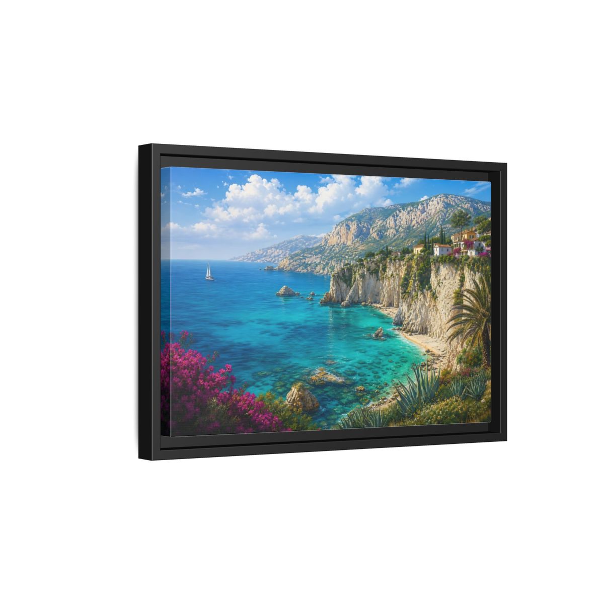 Side Mockup 6. Cliffside Mediterranean View shown as framed canvas print