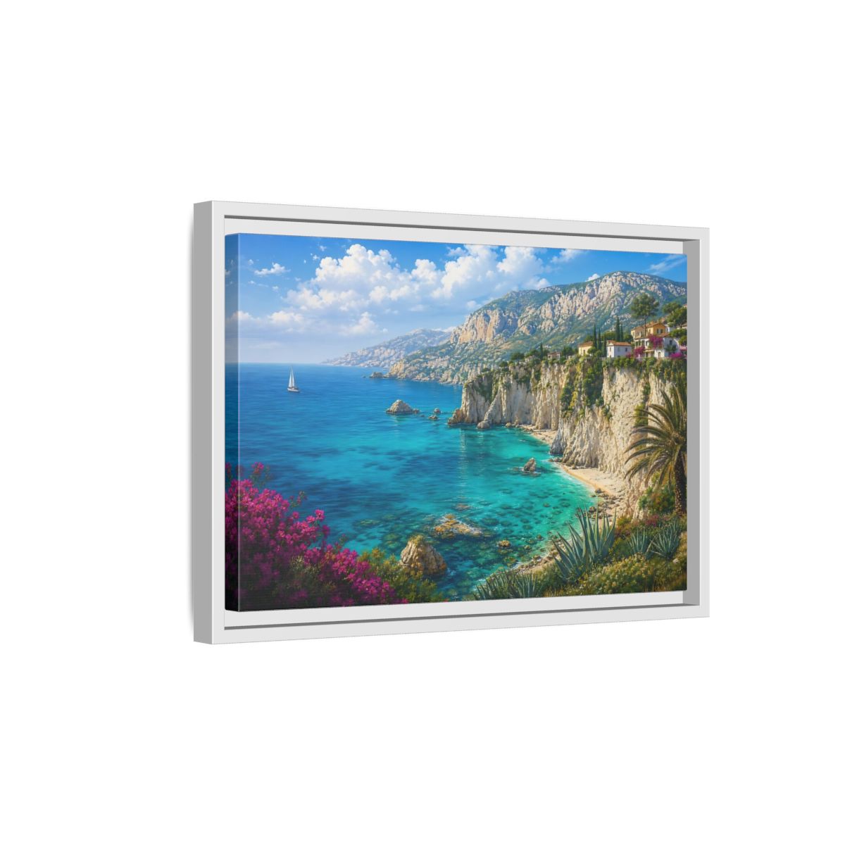 Side Mockup 4. Cliffside Mediterranean View shown as framed canvas print
