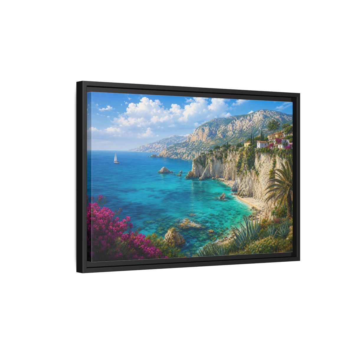 Side Mockup 3. Cliffside Mediterranean View shown as framed canvas print