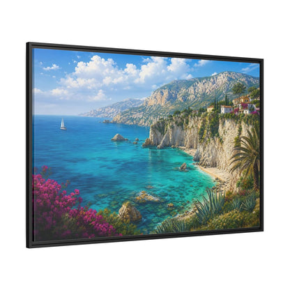 Side Mockup 12. Cliffside Mediterranean View shown as framed canvas print