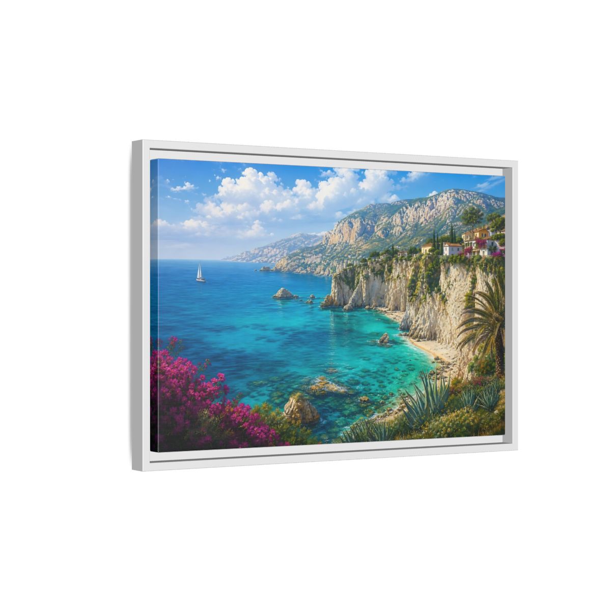 Side Mockup 1. Cliffside Mediterranean View shown as framed canvas print