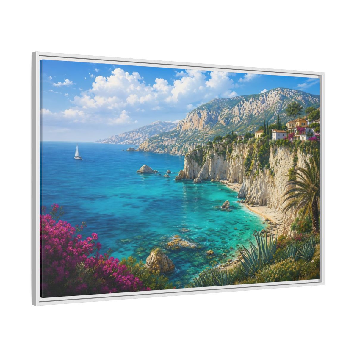 Side Mockup 7. Cliffside Mediterranean View shown as framed canvas print