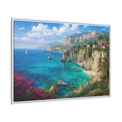 Side Mockup 7. Cliffside Mediterranean View shown as framed canvas print