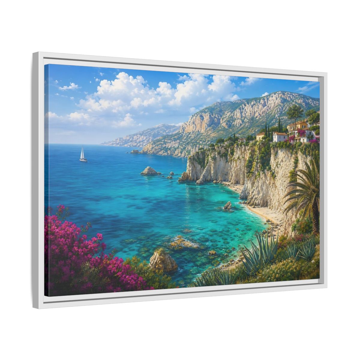 Side Mockup 10. Cliffside Mediterranean View shown as framed canvas print