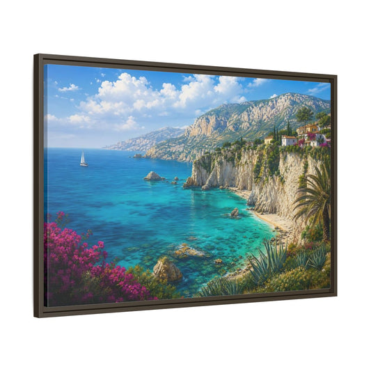Main Mockup. Cliffside Mediterranean View shown as framed canvas print