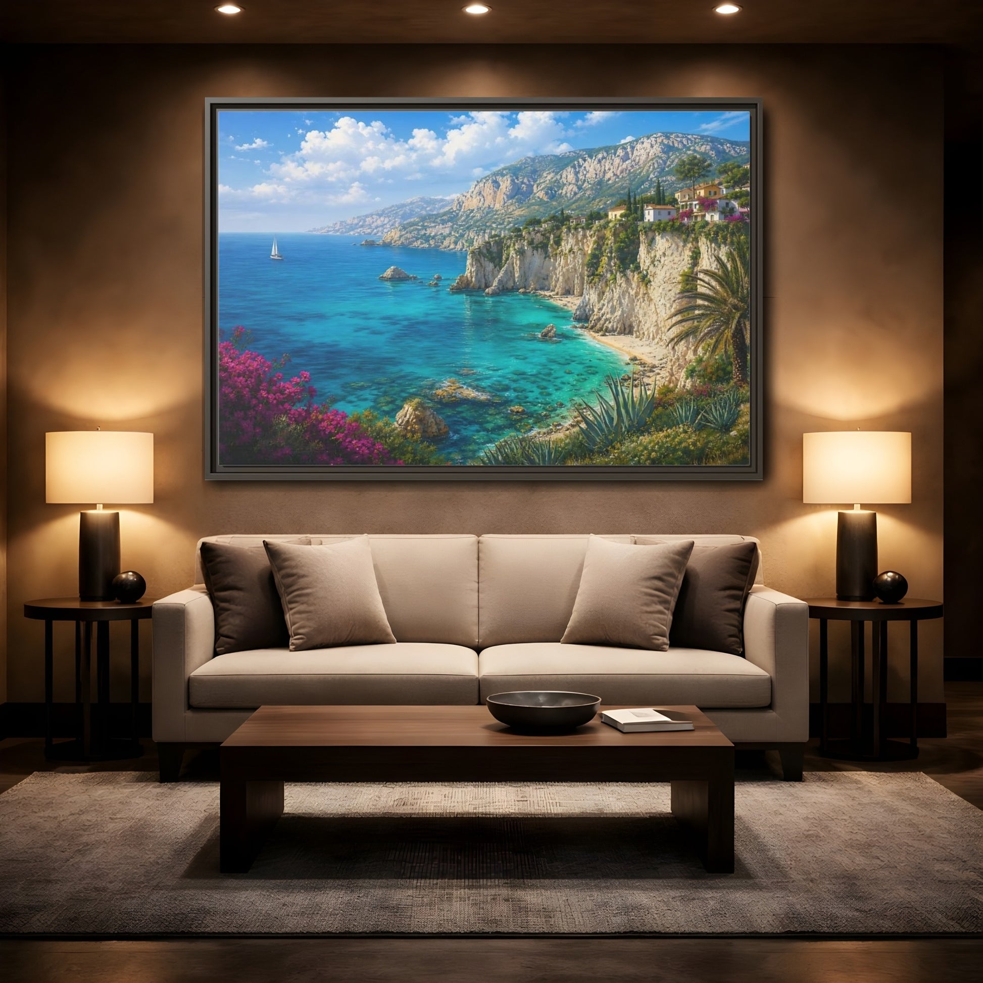Mockup 2. Cliffside Mediterranean View shown as framed canvas print