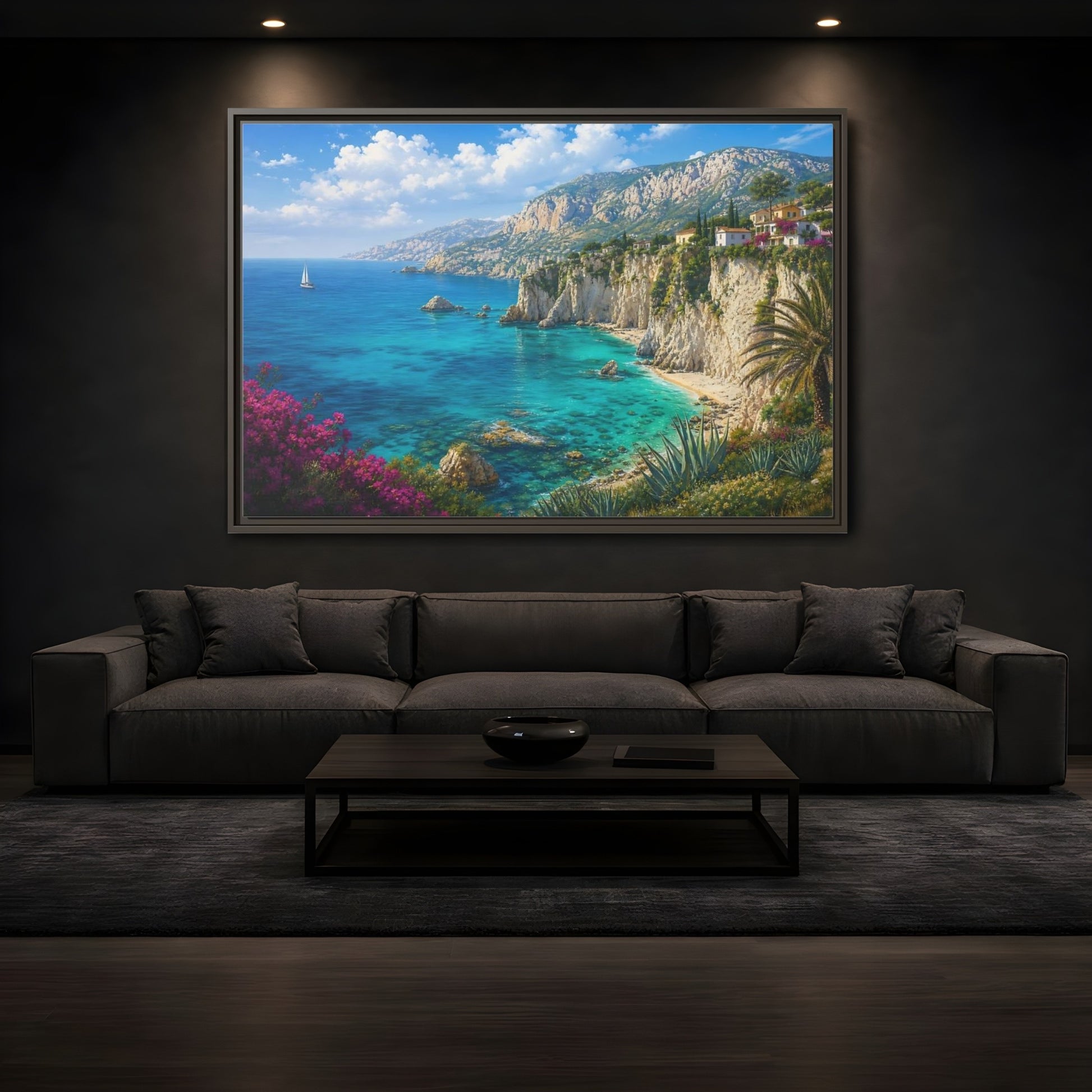 Mockup 3. Cliffside Mediterranean View shown as framed canvas print