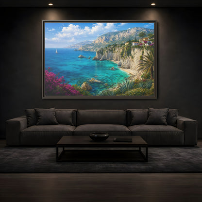 Mockup 3. Cliffside Mediterranean View shown as framed canvas print