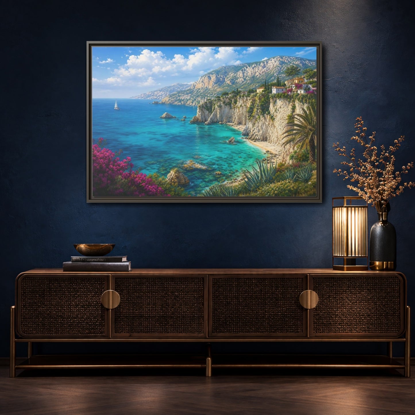 Mockup 4. Cliffside Mediterranean View shown as framed canvas print