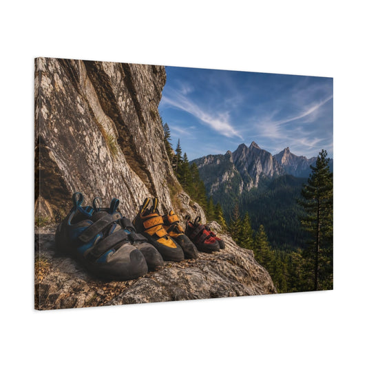 Main Mockup. Climbing Shoes On Ledge shown as canvas print