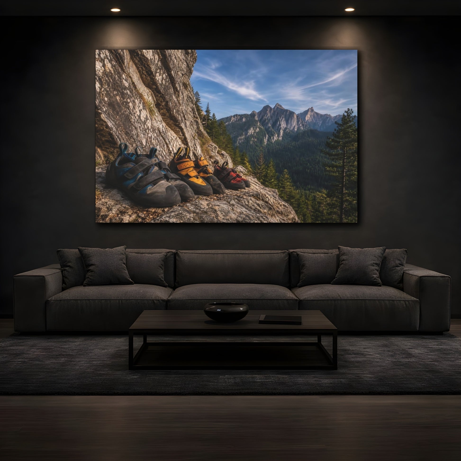 Mockup 3. Climbing Shoes On Ledge shown as canvas print