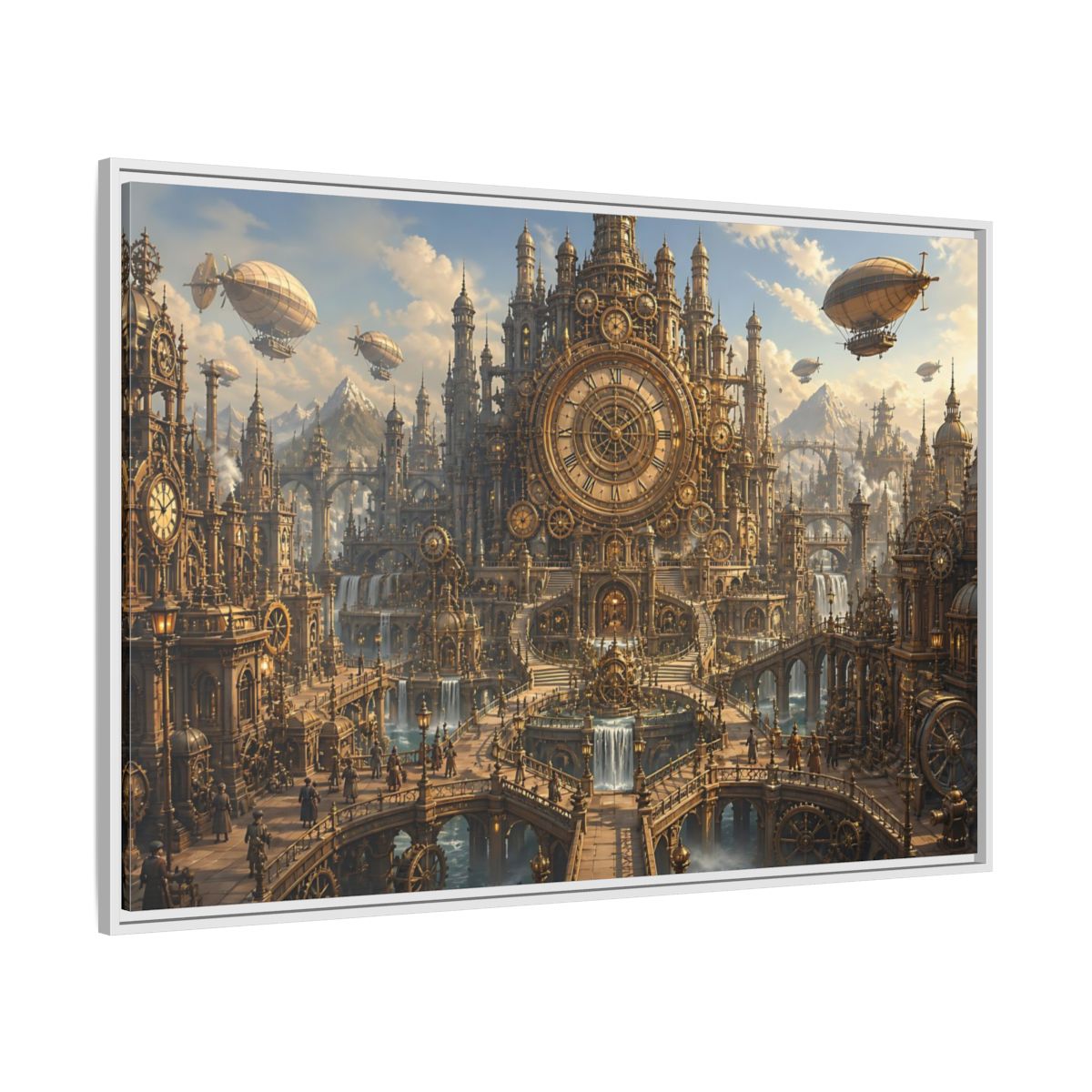 Side Mockup 7. Clockwork Cathedral Of Time shown as framed canvas print