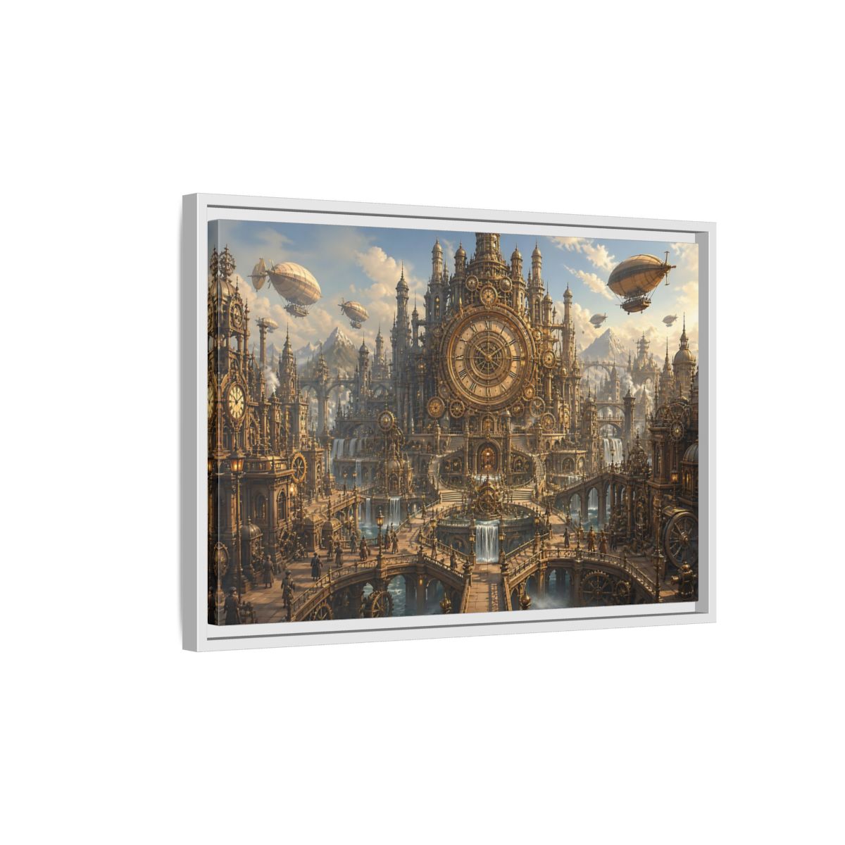 Side Mockup 1. Clockwork Cathedral Of Time shown as framed canvas print