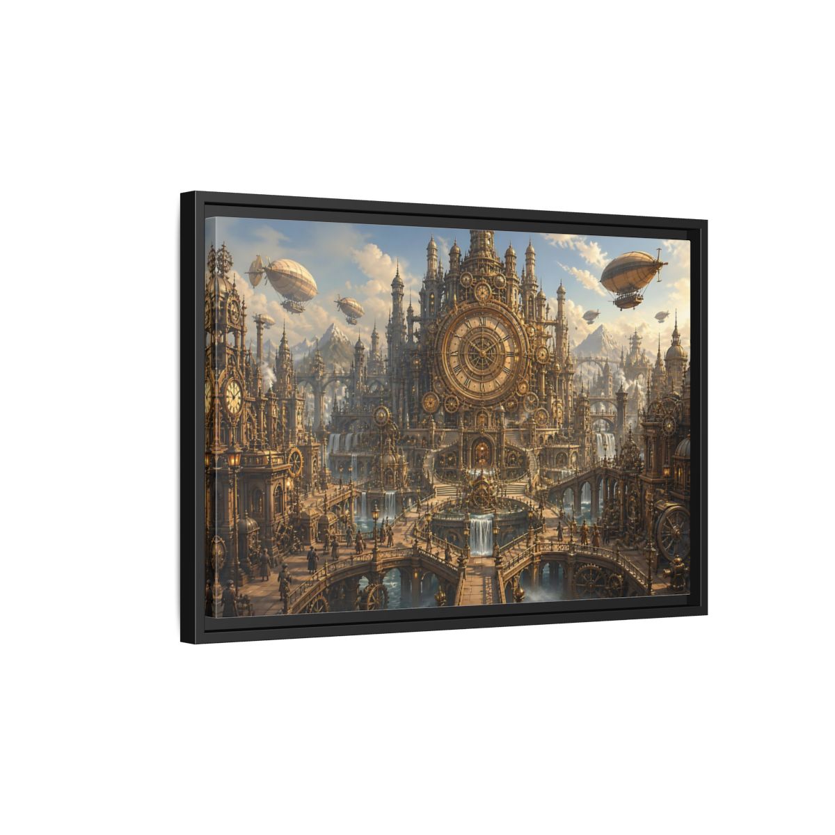 Side Mockup 3. Clockwork Cathedral Of Time shown as framed canvas print