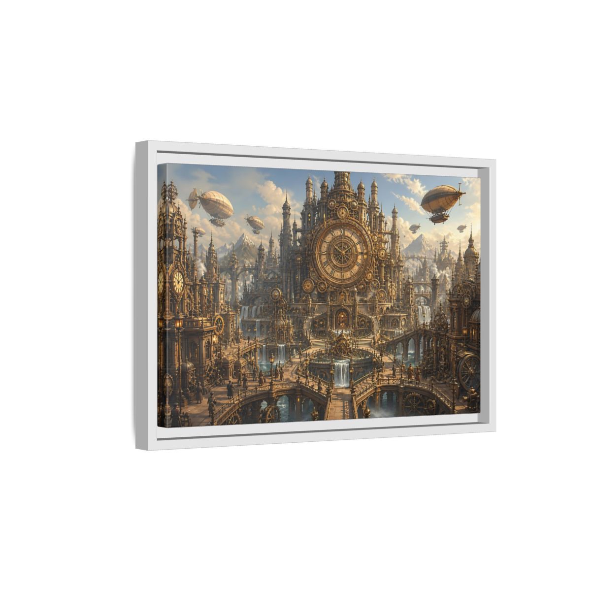 Side Mockup 4. Clockwork Cathedral Of Time shown as framed canvas print
