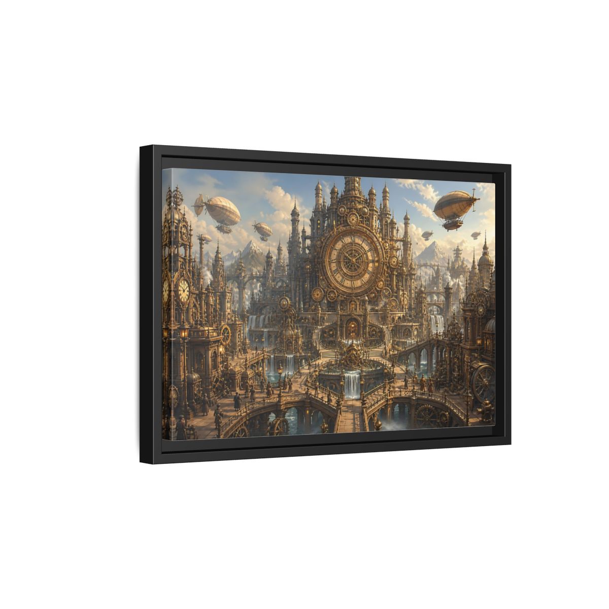 Side Mockup 6. Clockwork Cathedral Of Time shown as framed canvas print