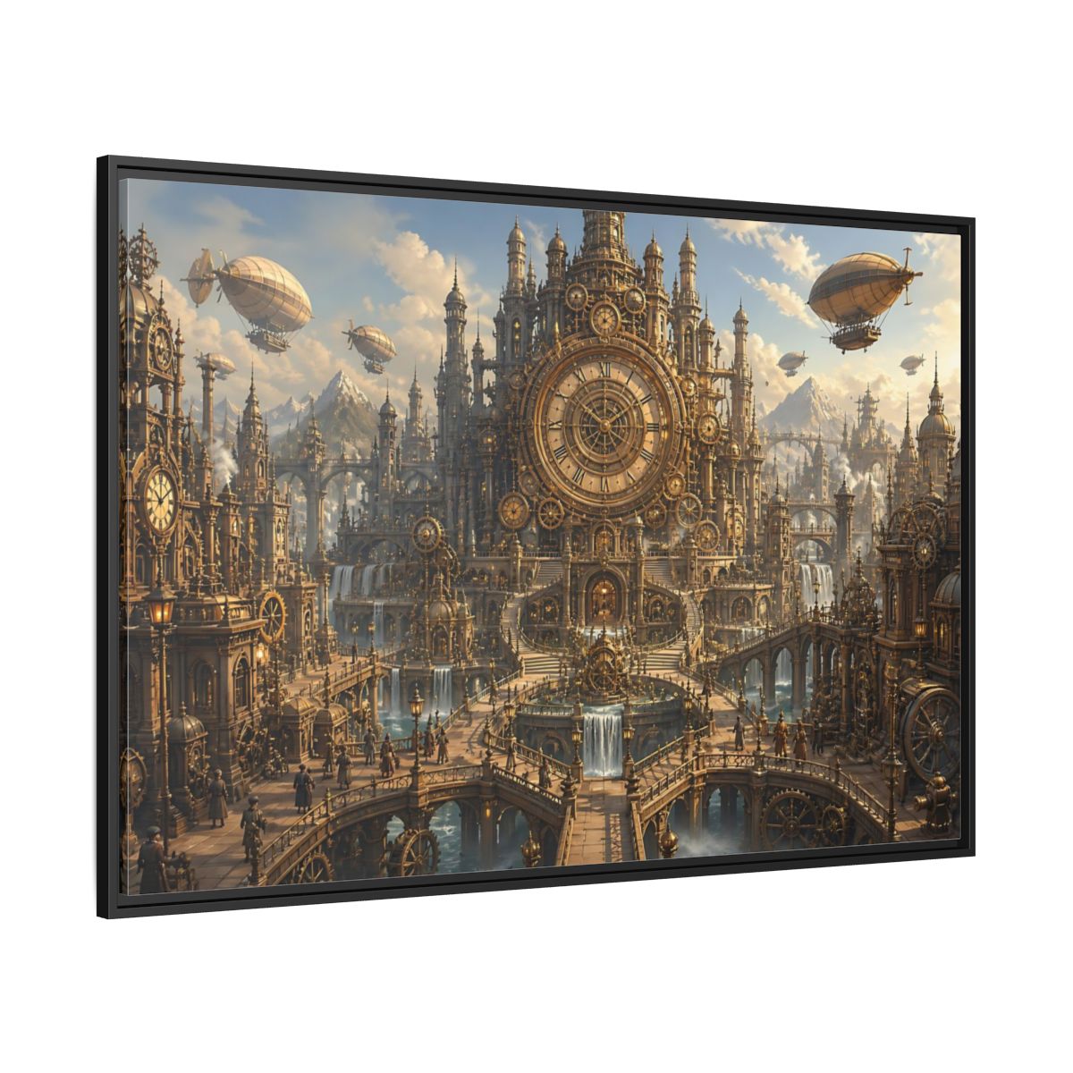 Side Mockup 12. Clockwork Cathedral Of Time shown as framed canvas print