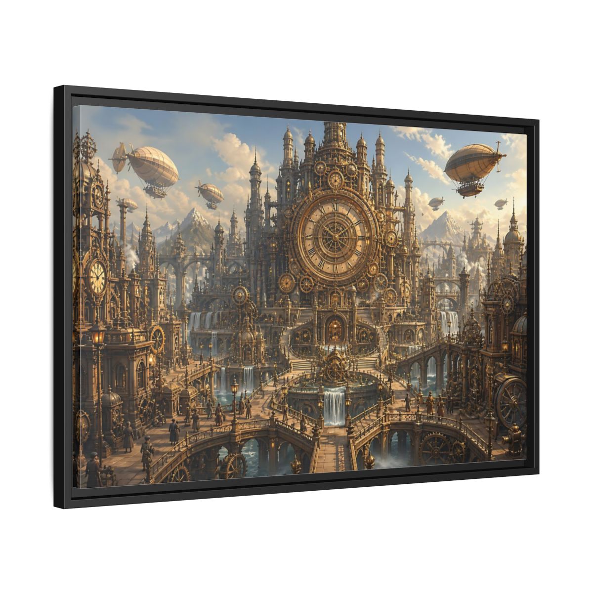 Side Mockup 14. Clockwork Cathedral Of Time shown as framed canvas print