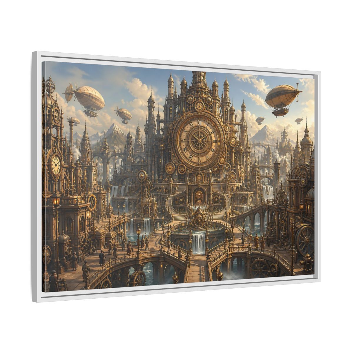 Side Mockup 9. Clockwork Cathedral Of Time shown as framed canvas print