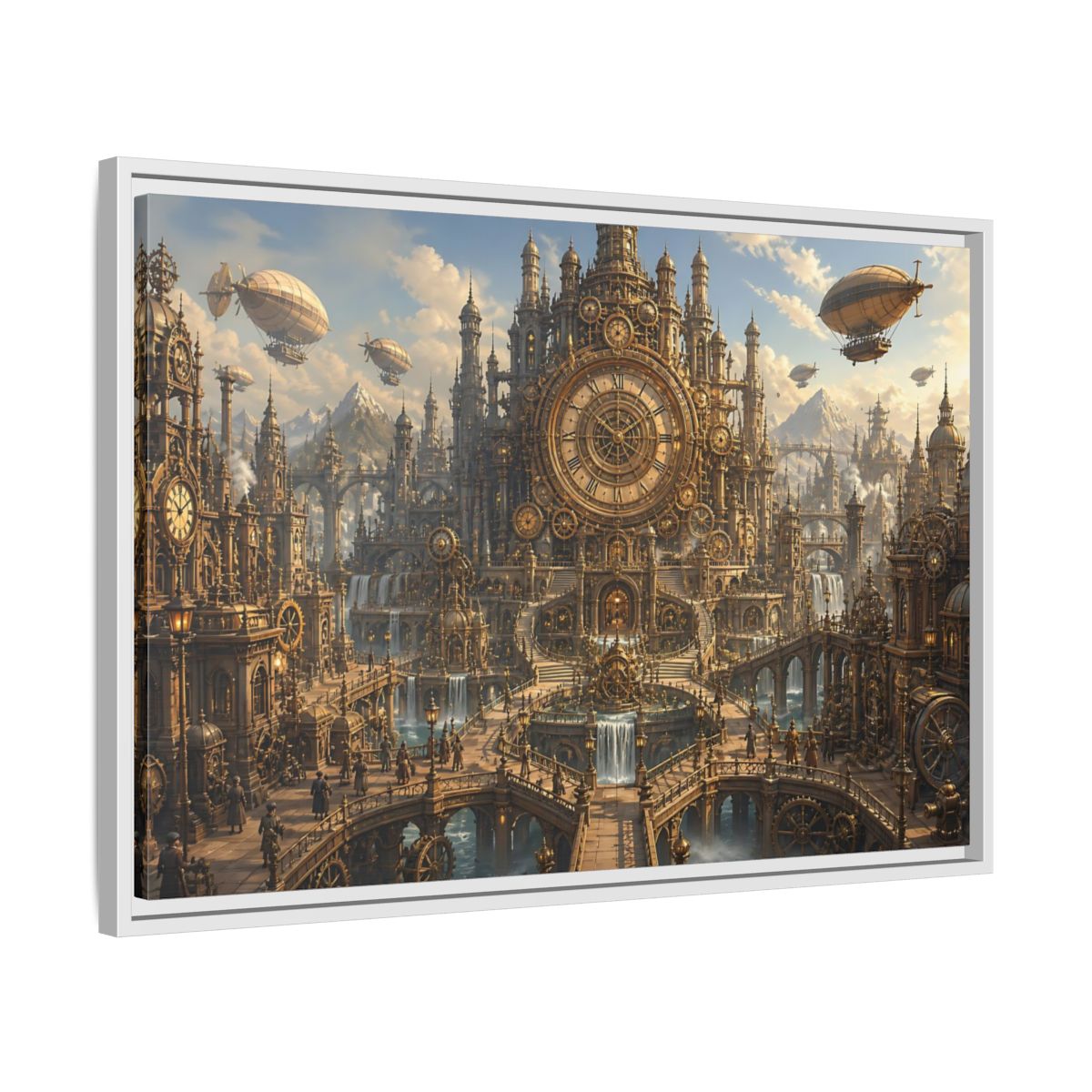 Side Mockup 10. Clockwork Cathedral Of Time shown as framed canvas print