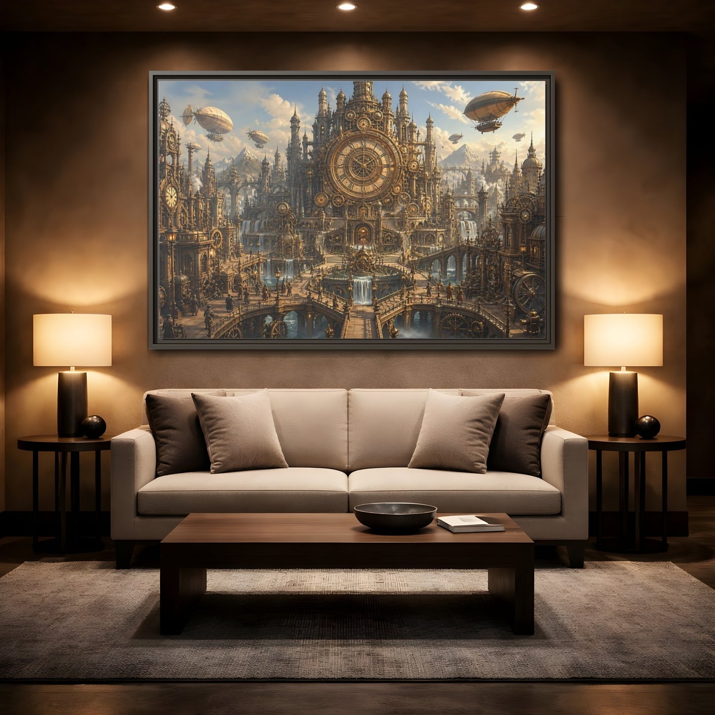 Mockup 2. Clockwork Cathedral Of Time shown as framed canvas print