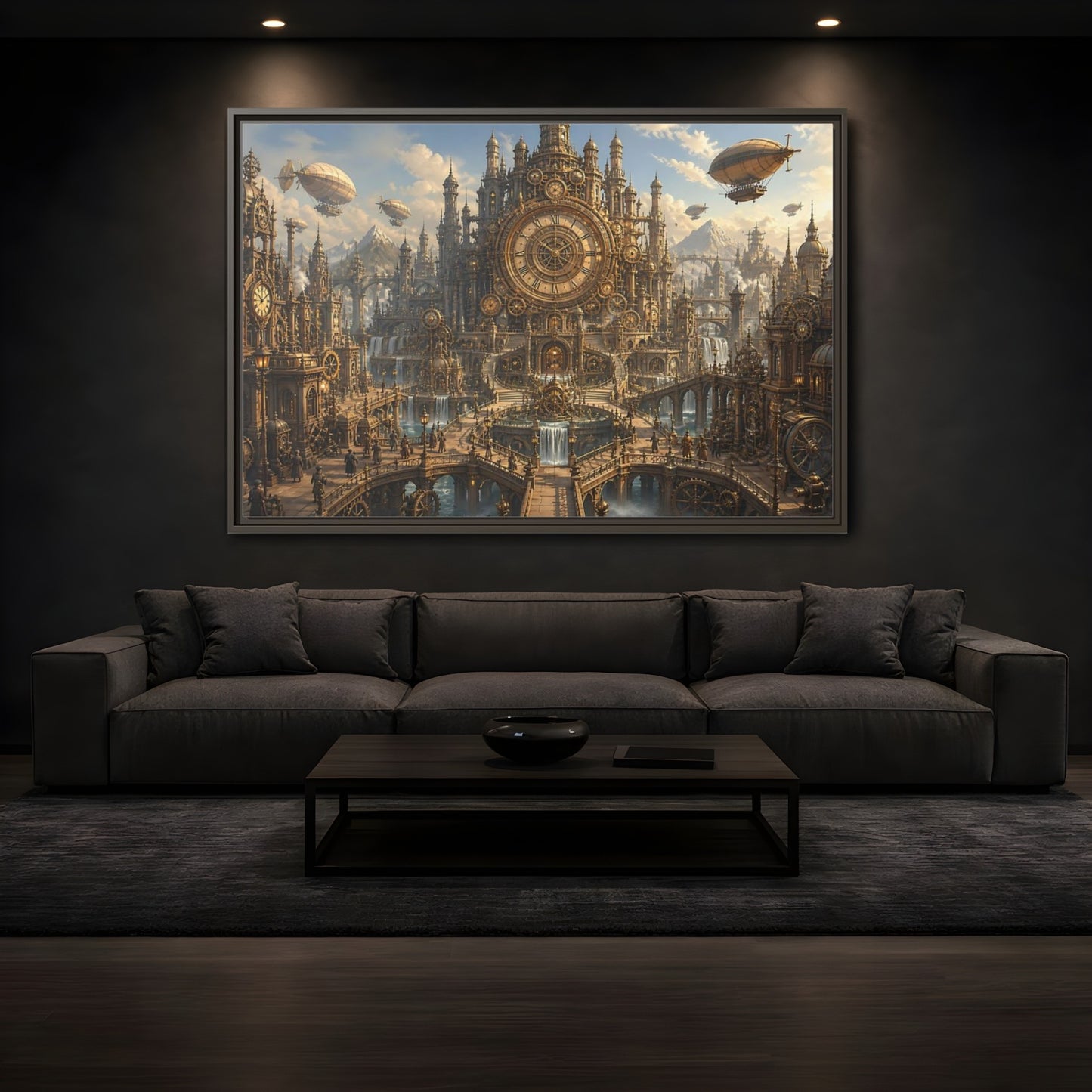 Mockup 3. Clockwork Cathedral Of Time shown as framed canvas print