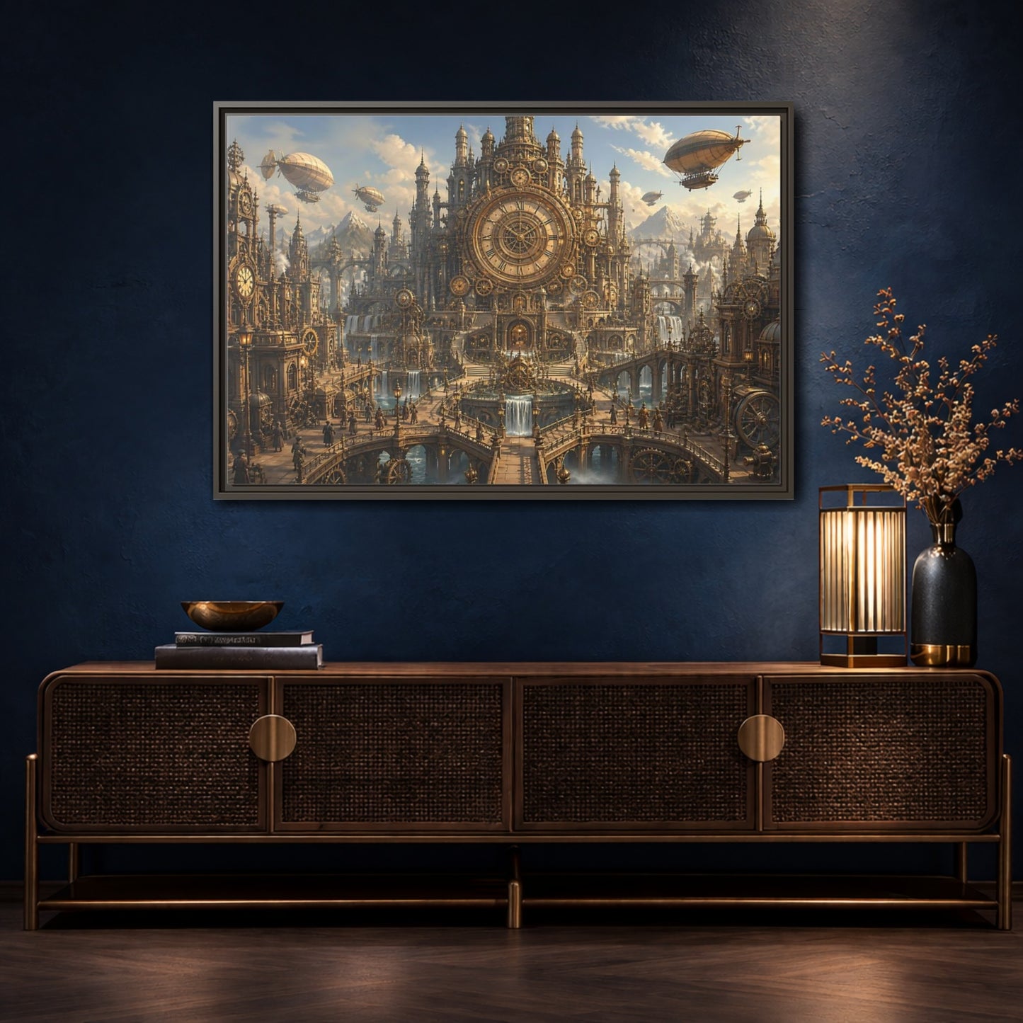 Mockup 4. Clockwork Cathedral Of Time shown as framed canvas print